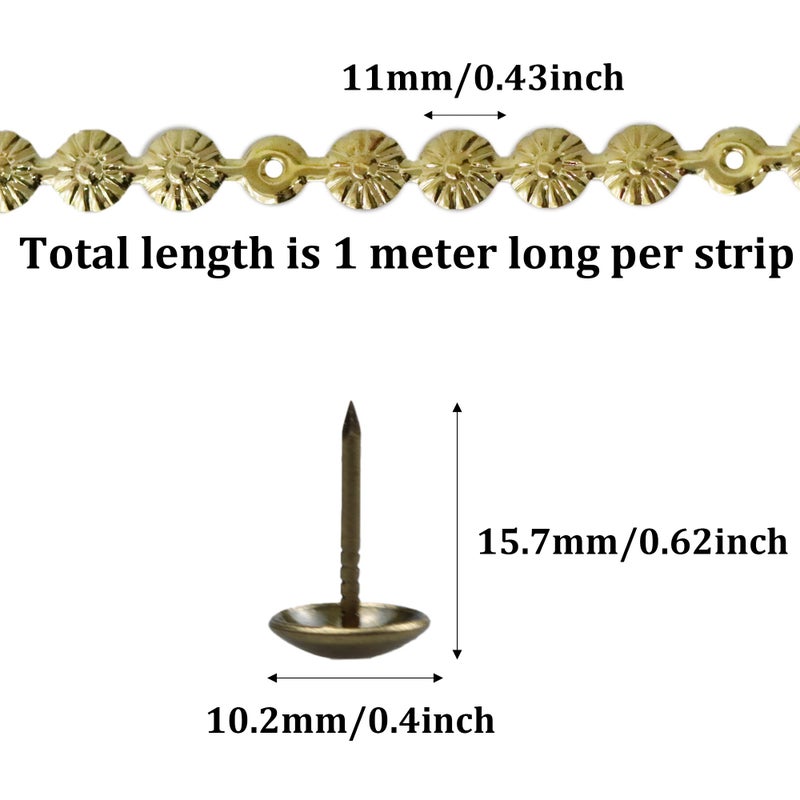 bociloy 10Pcs 1 Meter Upholstery Tacks Strips  Decorative Nail Strips Trim for Sofa  Headboard  Chair Furniture with Single Tacks (D11mm Gold Flower) - Image 2